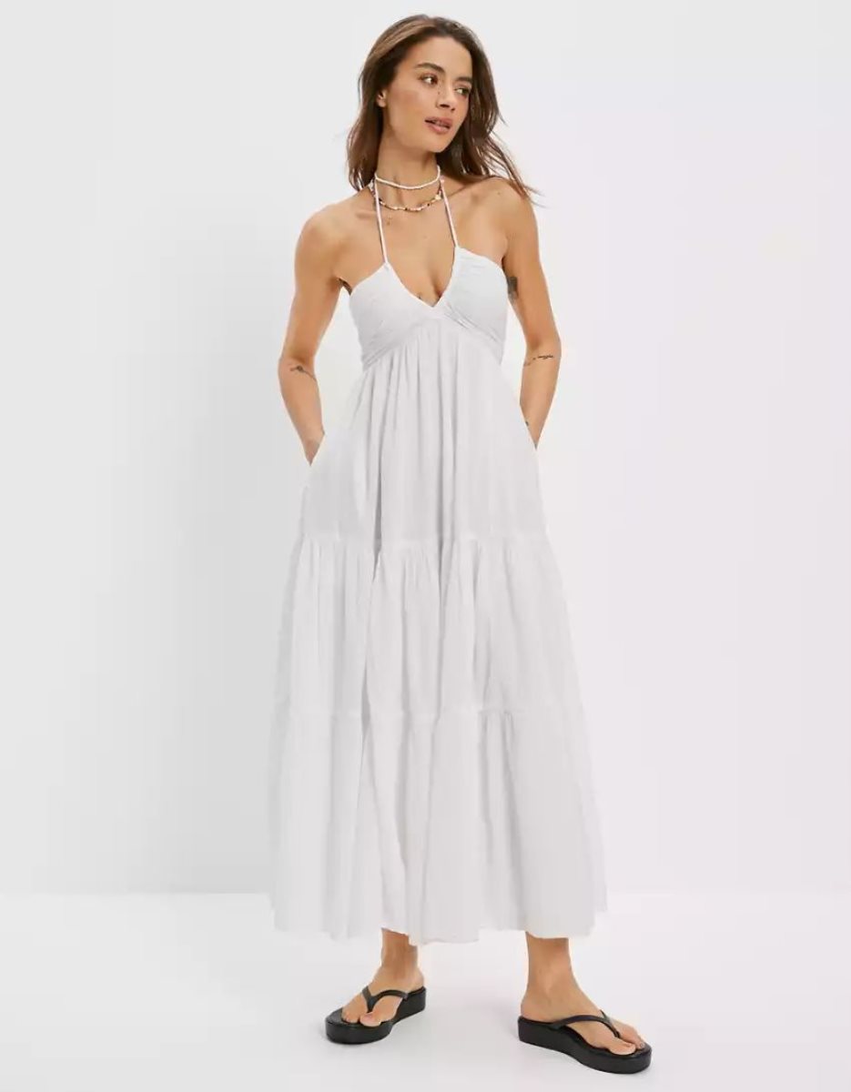 Robe Mi-longue American Eagle AE Ruched Halter Blanche Femme | DLO-14521128